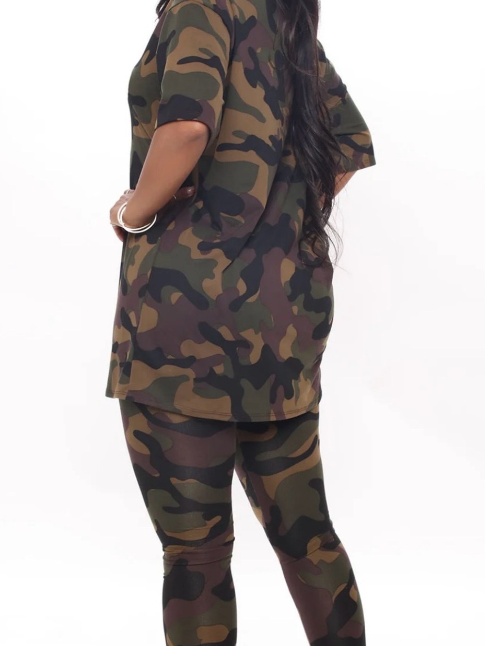 Camo Print Women's Leggings & Tunic Set - Green Camouflage - Picture 2 of 2